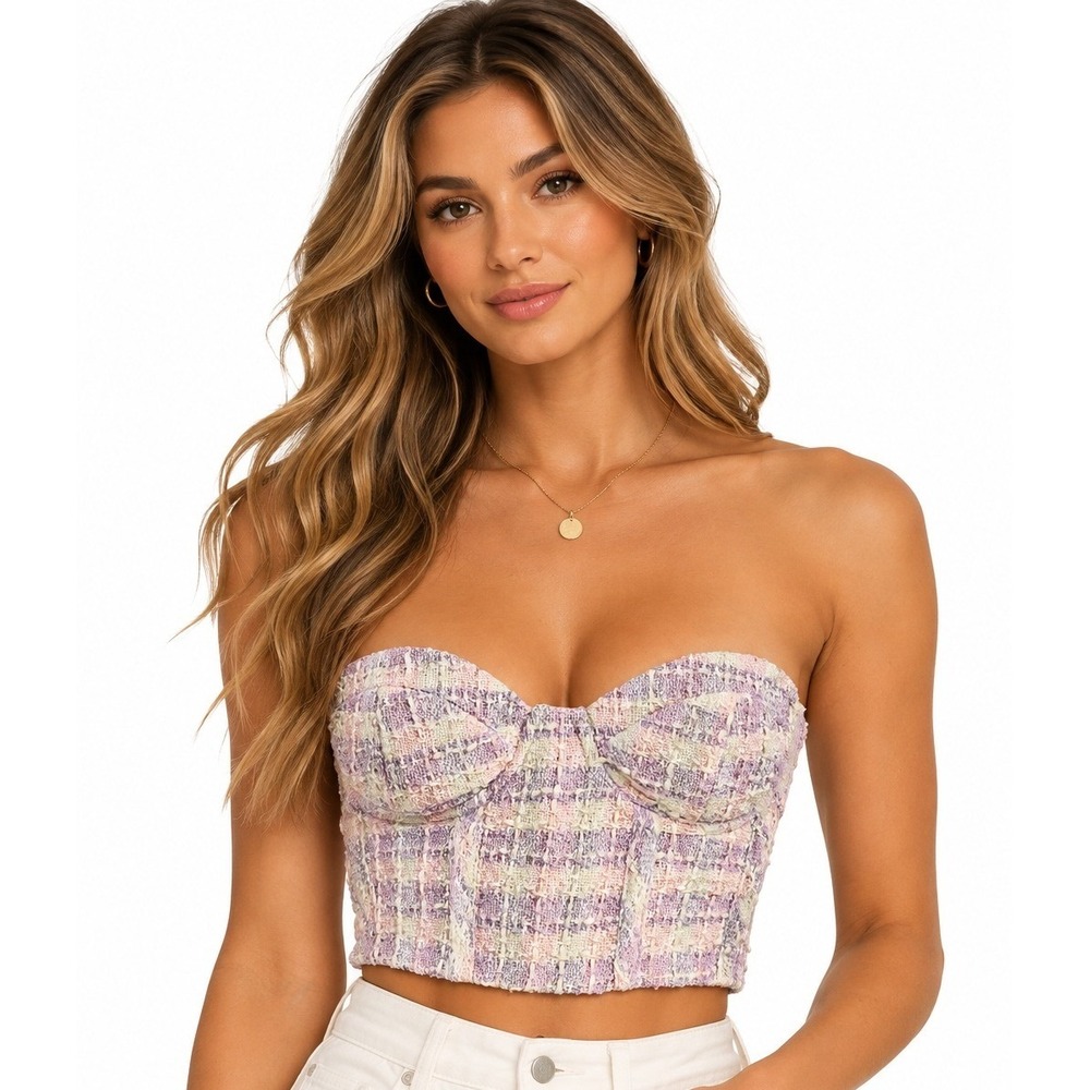 Zara Tweed Bustier Top Women S Purple Pink Plaid Strapless Corset Cropped New